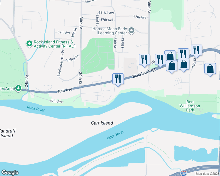 map of restaurants, bars, coffee shops, grocery stores, and more near 3351 Serenity Place in Rock Island