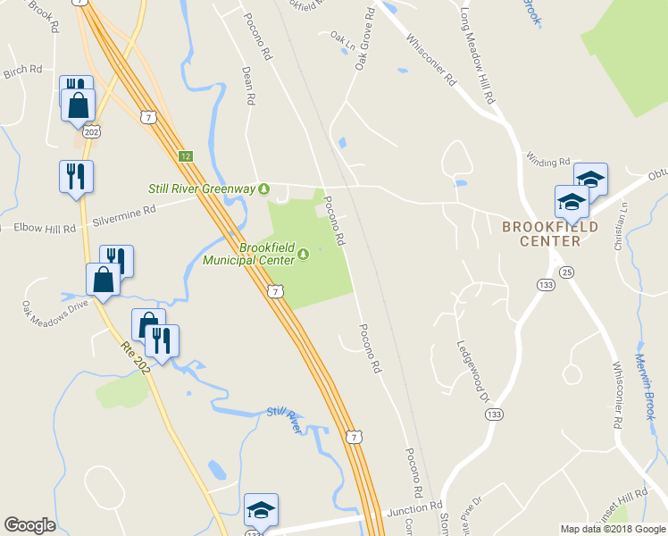map of restaurants, bars, coffee shops, grocery stores, and more near 100 Pocono Road in Brookfield