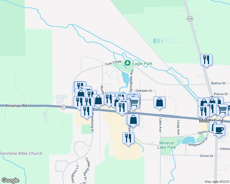 map of restaurants, bars, coffee shops, grocery stores, and more near 14855 Northview Drive in Middlefield