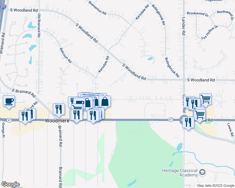 map of restaurants, bars, coffee shops, grocery stores, and more near 29149 Bryce Road in Pepper Pike