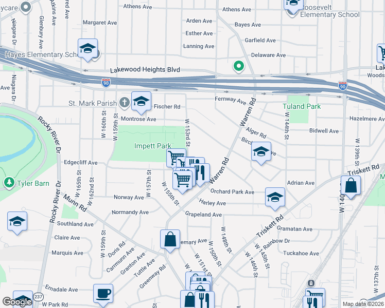 map of restaurants, bars, coffee shops, grocery stores, and more near 3249 West 153rd Street in Cleveland