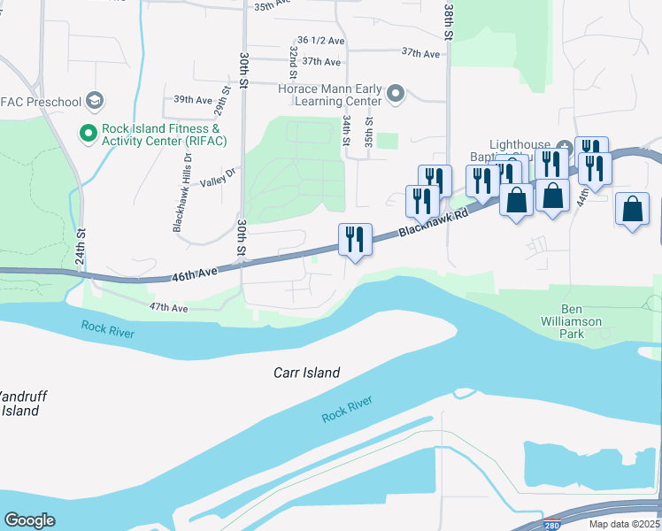 map of restaurants, bars, coffee shops, grocery stores, and more near 3351 Serenity Place in Rock Island