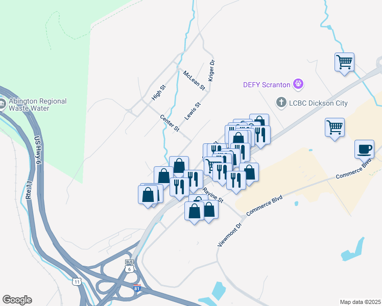 map of restaurants, bars, coffee shops, grocery stores, and more near 501-599 Griffin Street in Scranton