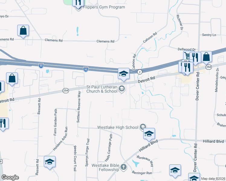 map of restaurants, bars, coffee shops, grocery stores, and more near 28083 Detroit Road in Westlake