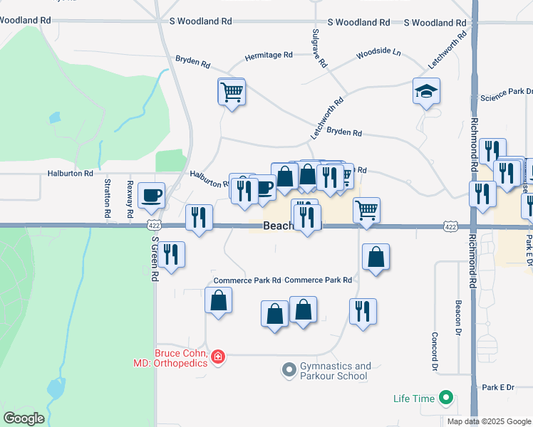 map of restaurants, bars, coffee shops, grocery stores, and more near 23811 Chagrin Boulevard in Beachwood