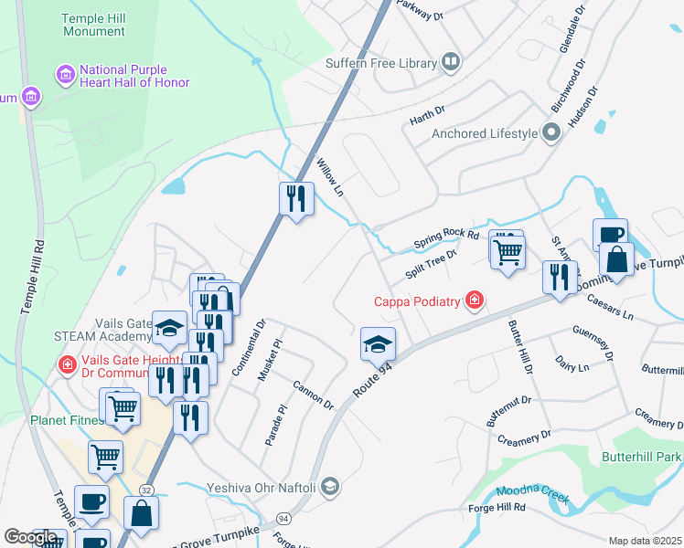 map of restaurants, bars, coffee shops, grocery stores, and more near 11 Mark Street in New Windsor