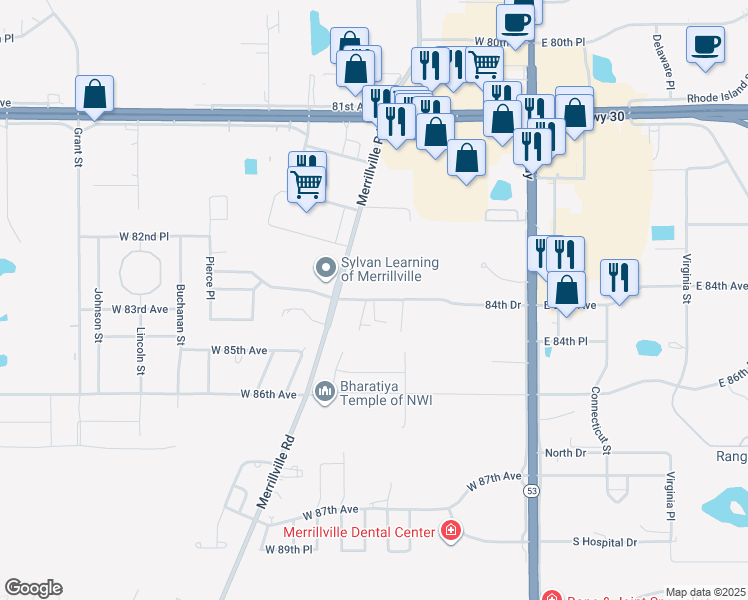 map of restaurants, bars, coffee shops, grocery stores, and more near West 84th Drive in Merrillville
