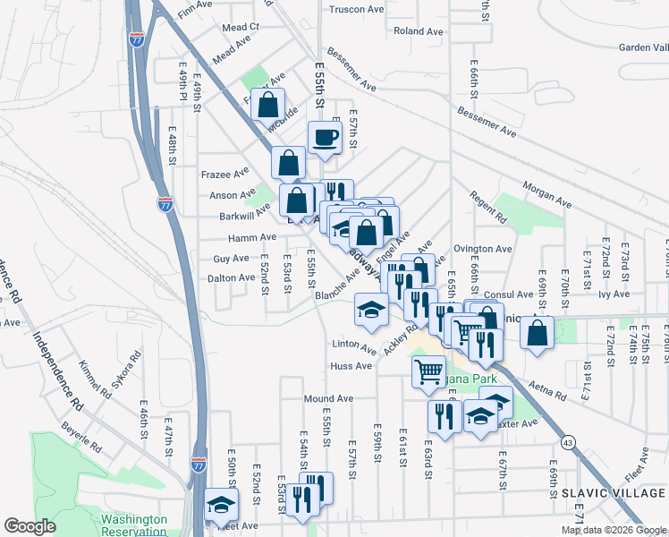 map of restaurants, bars, coffee shops, grocery stores, and more near 5519 Blanche Avenue in Cleveland