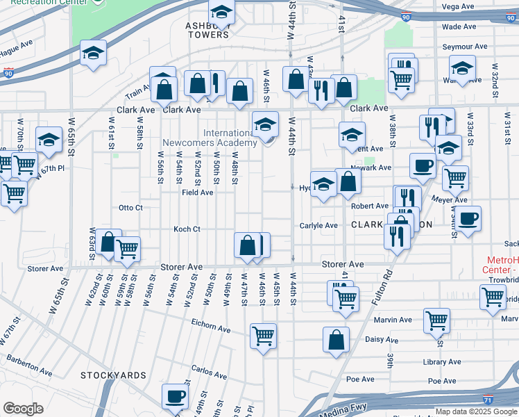 map of restaurants, bars, coffee shops, grocery stores, and more near 3284 West 46th Street in Cleveland