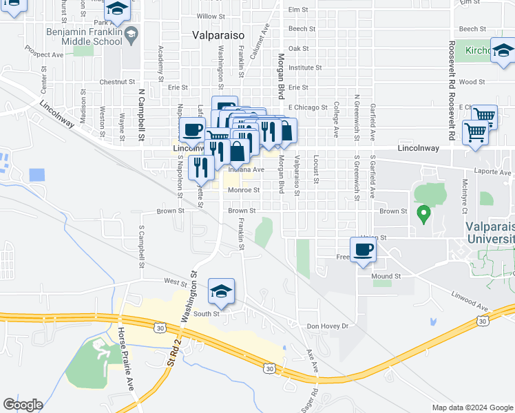 map of restaurants, bars, coffee shops, grocery stores, and more near 107 Brown Street in Valparaiso