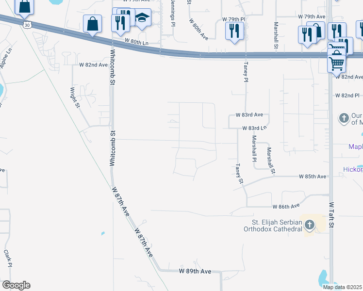 map of restaurants, bars, coffee shops, grocery stores, and more near 8415 Whitcomb Street in Merrillville