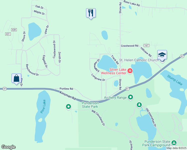 map of restaurants, bars, coffee shops, grocery stores, and more near 14791 Longview Drive in Geauga County