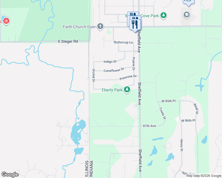 map of restaurants, bars, coffee shops, grocery stores, and more near Ginger Court in Dyer