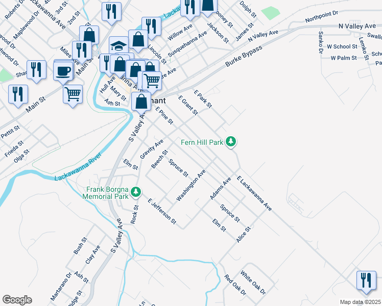 map of restaurants, bars, coffee shops, grocery stores, and more near 623 E Scott St in Olyphant