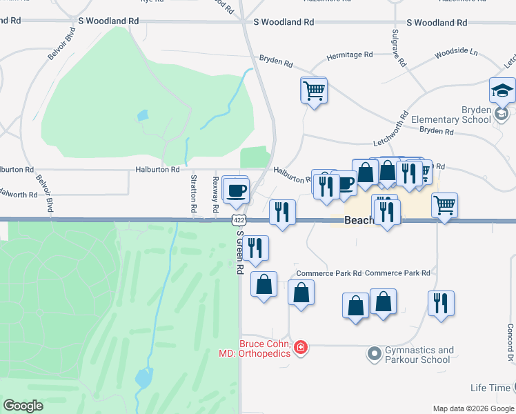 map of restaurants, bars, coffee shops, grocery stores, and more near 23210 Chagrin Boulevard in Beachwood