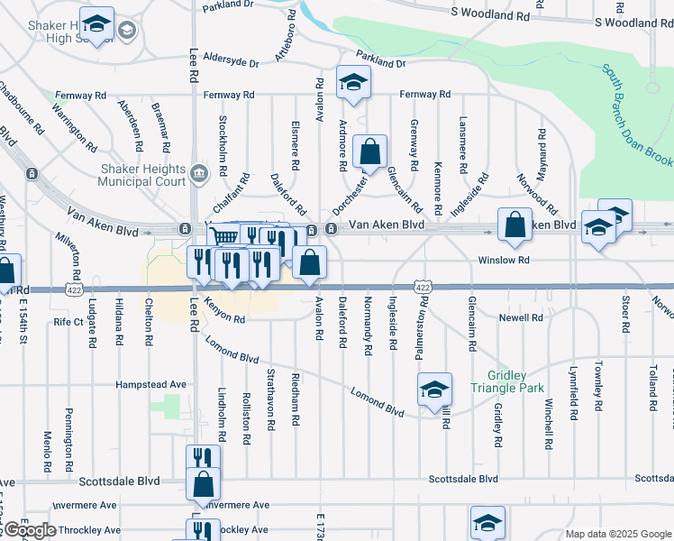 map of restaurants, bars, coffee shops, grocery stores, and more near 17321 U.S. 422 in Shaker Heights