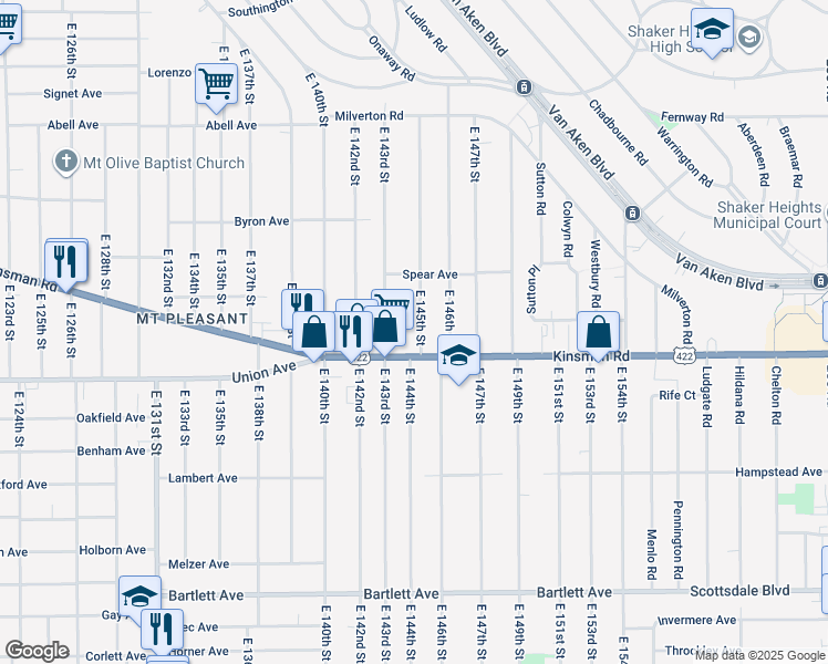 map of restaurants, bars, coffee shops, grocery stores, and more near 14501 Kinsman Road in Cleveland