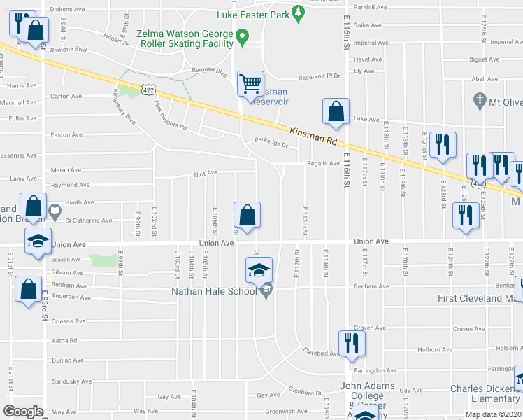 map of restaurants, bars, coffee shops, grocery stores, and more near 3468 Martin Luther King Junior Drive in Cleveland