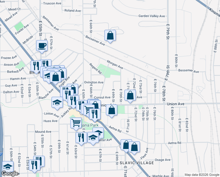 map of restaurants, bars, coffee shops, grocery stores, and more near 3449 East 69th Street in Cleveland