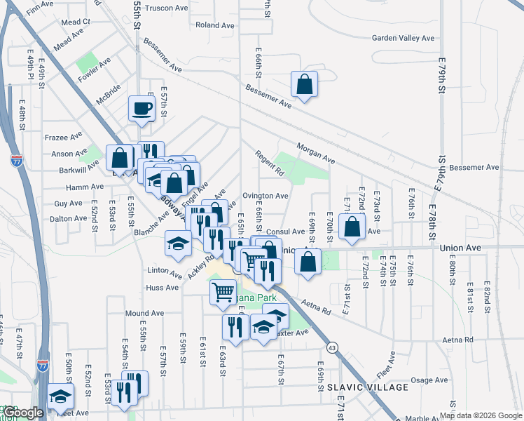 map of restaurants, bars, coffee shops, grocery stores, and more near 6607 Consul Avenue in Cleveland