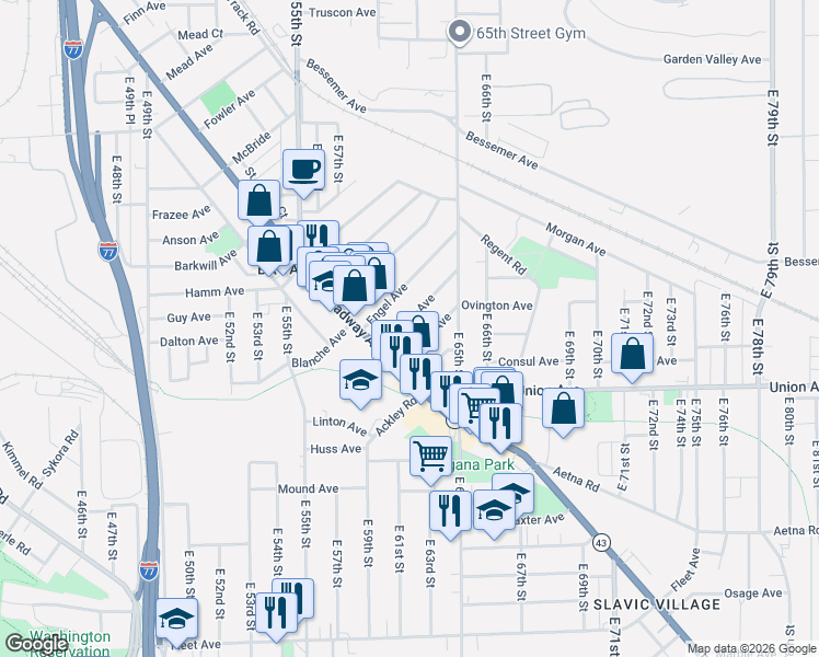 map of restaurants, bars, coffee shops, grocery stores, and more near 6130 Morton Avenue in Cleveland