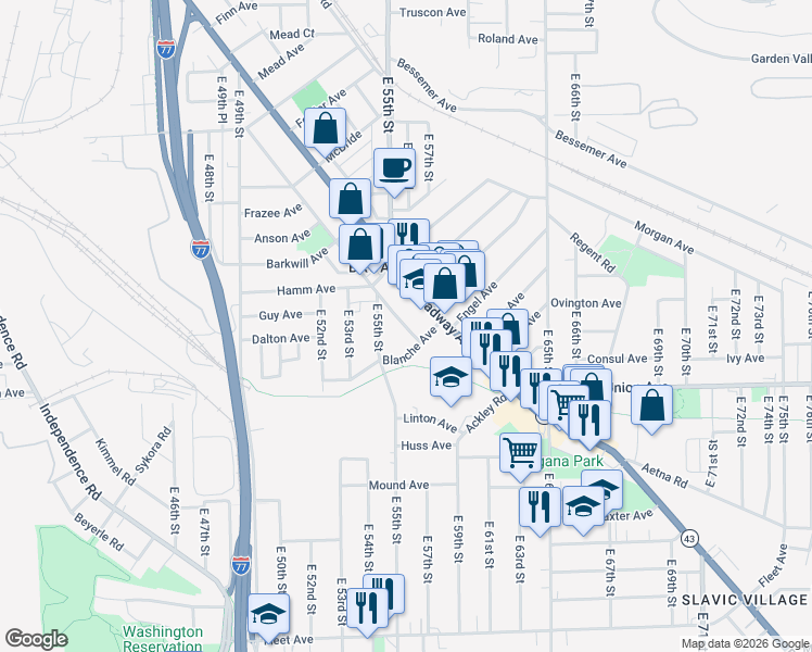 map of restaurants, bars, coffee shops, grocery stores, and more near 5519 Blanche Avenue in Cleveland