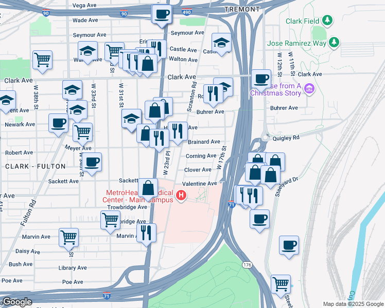 map of restaurants, bars, coffee shops, grocery stores, and more near 2105 Corning Avenue in Cleveland