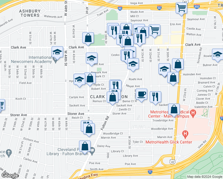 map of restaurants, bars, coffee shops, grocery stores, and more near 3292 Fulton Road in Cleveland