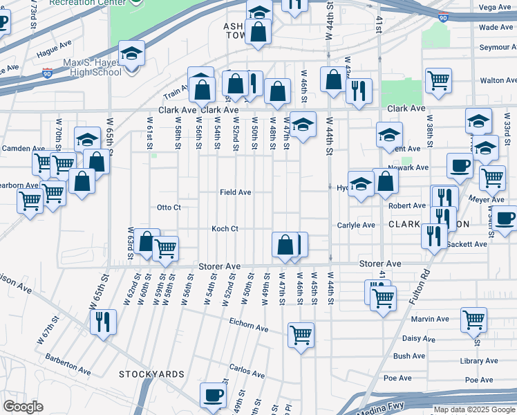 map of restaurants, bars, coffee shops, grocery stores, and more near 3284 West 50th Street in Cleveland