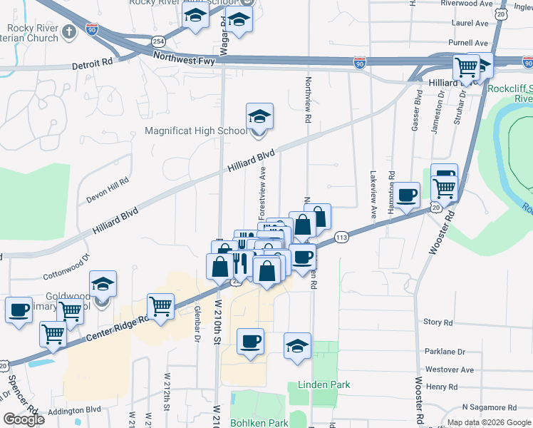 map of restaurants, bars, coffee shops, grocery stores, and more near 2804 Forestview Avenue in Rocky River