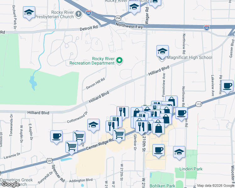 map of restaurants, bars, coffee shops, grocery stores, and more near 21390 Snowflower Drive in Rocky River