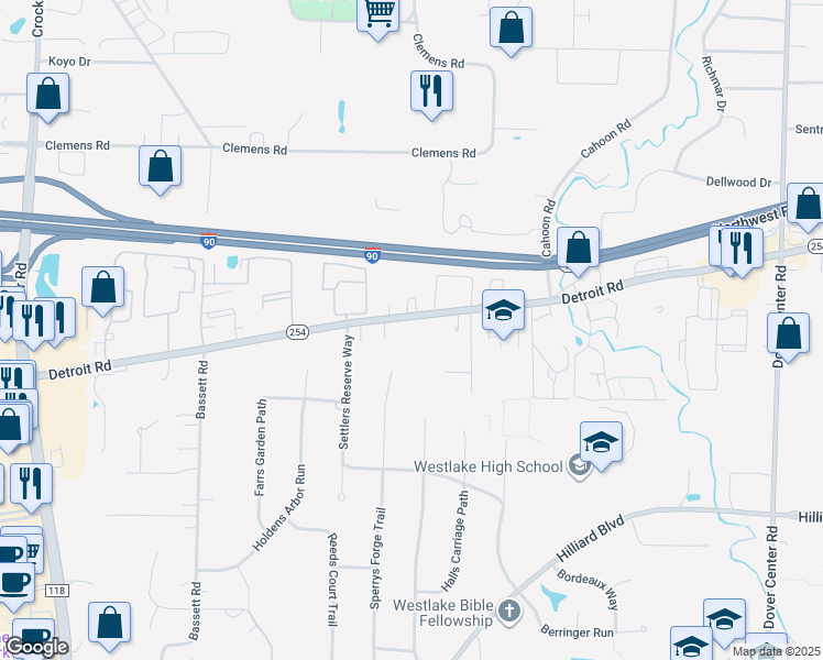 map of restaurants, bars, coffee shops, grocery stores, and more near 1661 Sperrys Forge Trail in Westlake