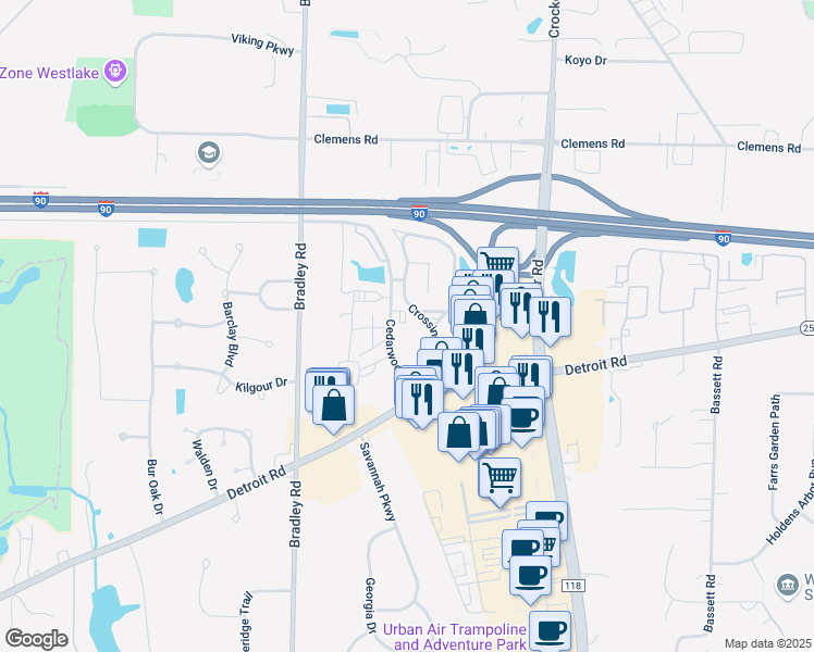 map of restaurants, bars, coffee shops, grocery stores, and more near 1640 Cedarwood Drive in Westlake