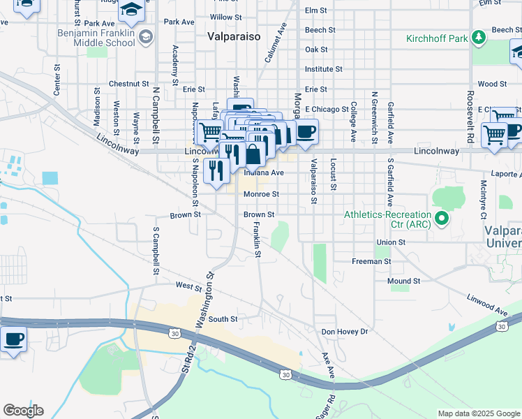 map of restaurants, bars, coffee shops, grocery stores, and more near 350-398 Franklin St in Valparaiso