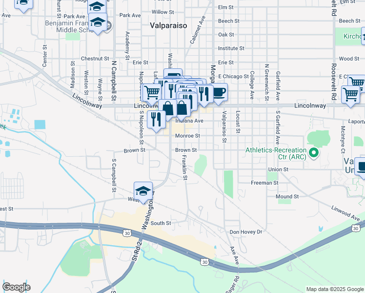 map of restaurants, bars, coffee shops, grocery stores, and more near 355 South Washington Street in Valparaiso