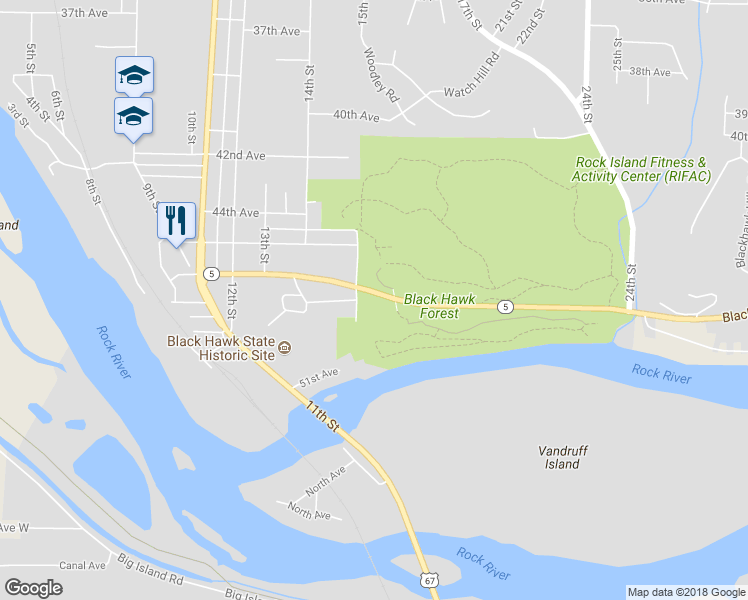 map of restaurants, bars, coffee shops, grocery stores, and more near 1510 46th Avenue in Rock Island