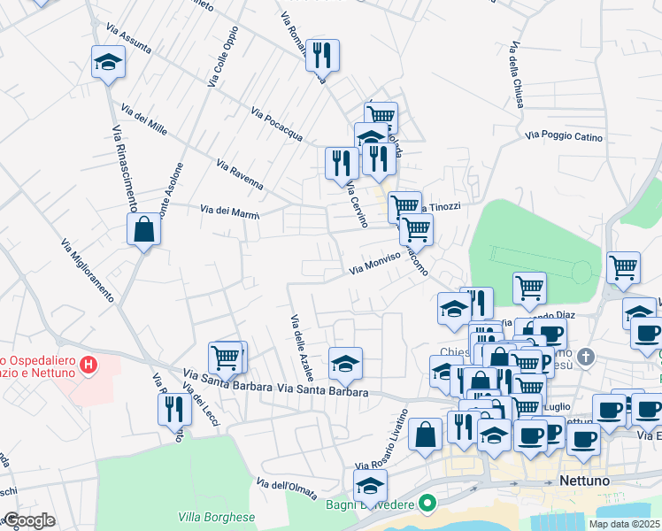 map of restaurants, bars, coffee shops, grocery stores, and more near 68 Via Monviso in Nettuno