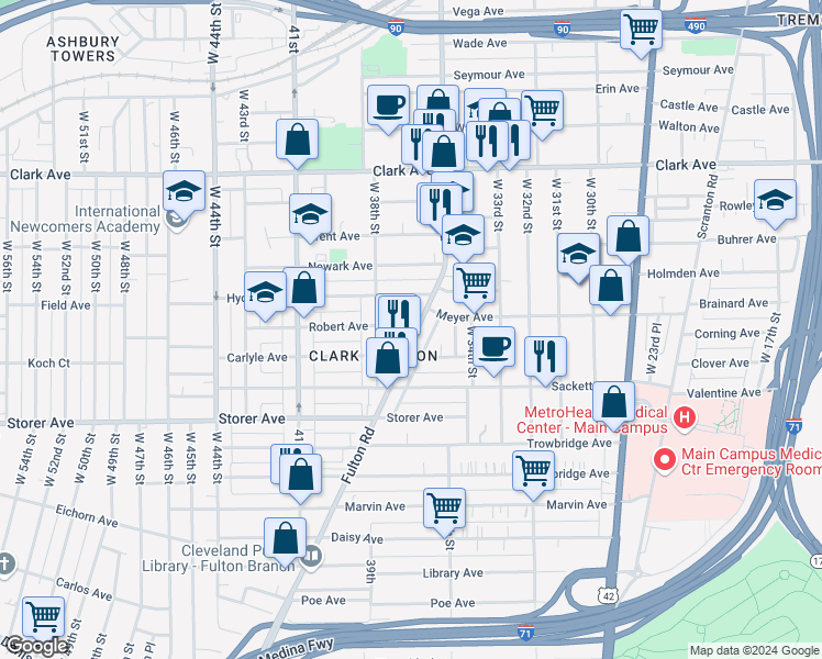 map of restaurants, bars, coffee shops, grocery stores, and more near 3292 Fulton Road in Cleveland