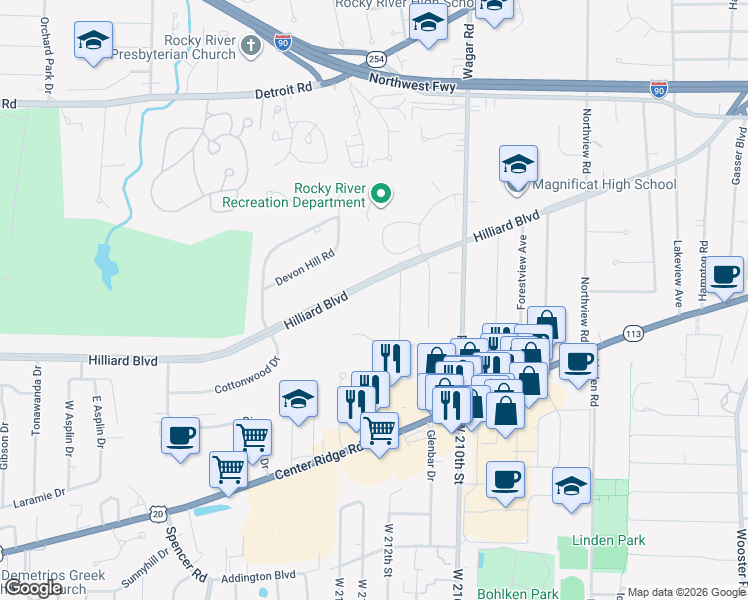 map of restaurants, bars, coffee shops, grocery stores, and more near 21390 Snowflower Drive in Rocky River