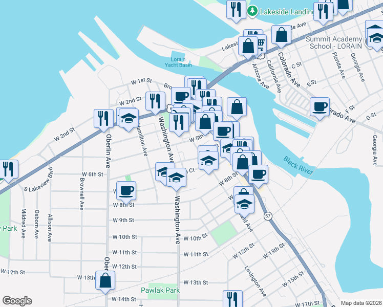 map of restaurants, bars, coffee shops, grocery stores, and more near 471 West 6th Street in Lorain