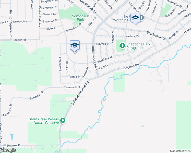 map of restaurants, bars, coffee shops, grocery stores, and more near 226 Monee Road in Park Forest