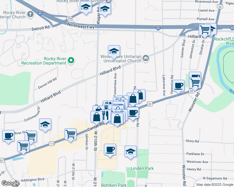 map of restaurants, bars, coffee shops, grocery stores, and more near 2804 Forestview Avenue in Rocky River