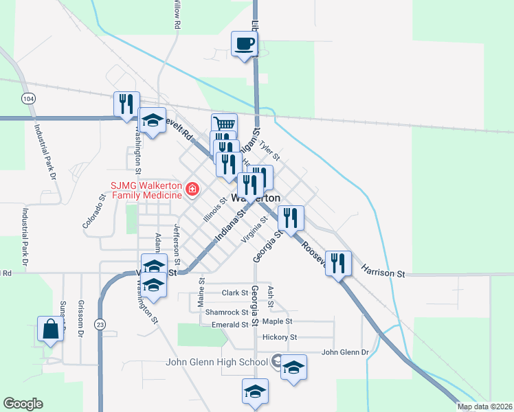 map of restaurants, bars, coffee shops, grocery stores, and more near 452-504 Virginia St in Walkerton