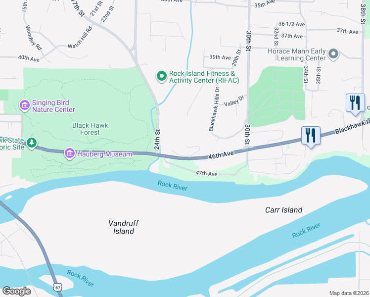 map of restaurants, bars, coffee shops, grocery stores, and more near 2603 Blackhawk Road in Rock Island
