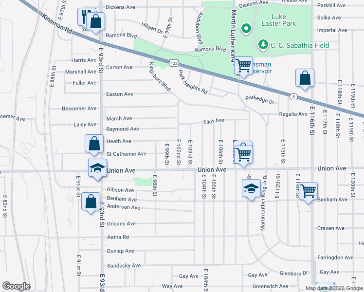 map of restaurants, bars, coffee shops, grocery stores, and more near 3454 East 102nd Street in Cleveland