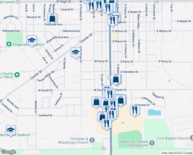 map of restaurants, bars, coffee shops, grocery stores, and more near 911 South Beech Street in Bryan