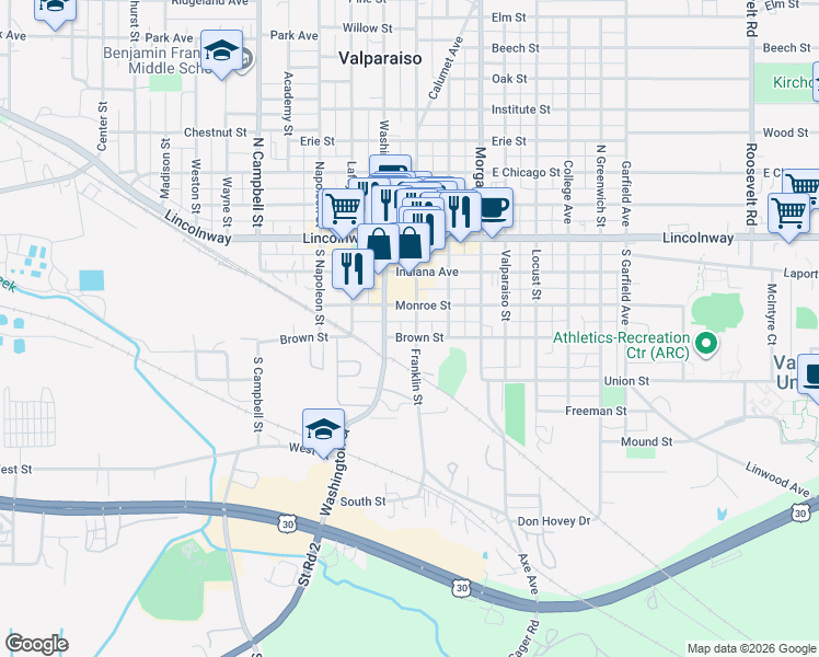 map of restaurants, bars, coffee shops, grocery stores, and more near 256 Franklin Street in Valparaiso