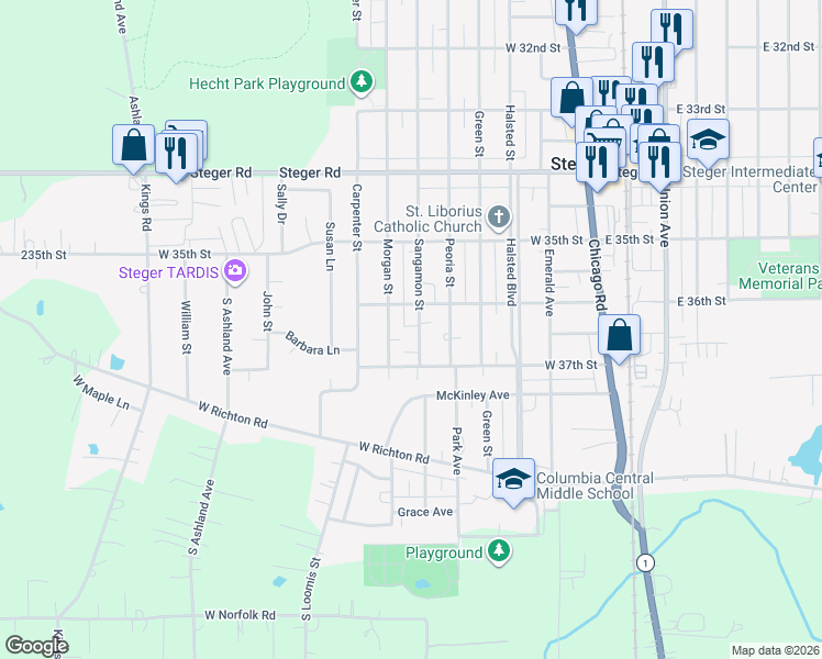 map of restaurants, bars, coffee shops, grocery stores, and more near 3637 Morgan Street in Steger