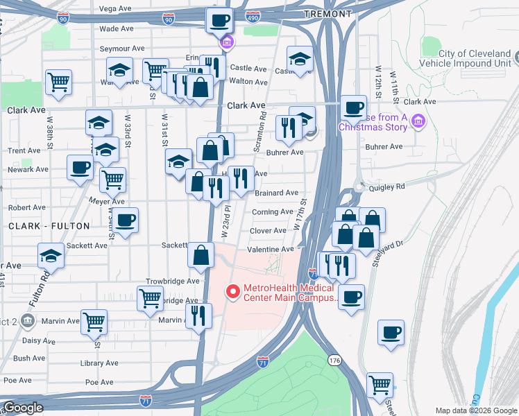map of restaurants, bars, coffee shops, grocery stores, and more near 2105 Corning Avenue in Cleveland