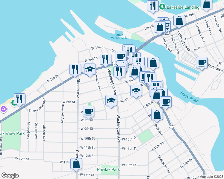 map of restaurants, bars, coffee shops, grocery stores, and more near 518 Washington Avenue in Lorain